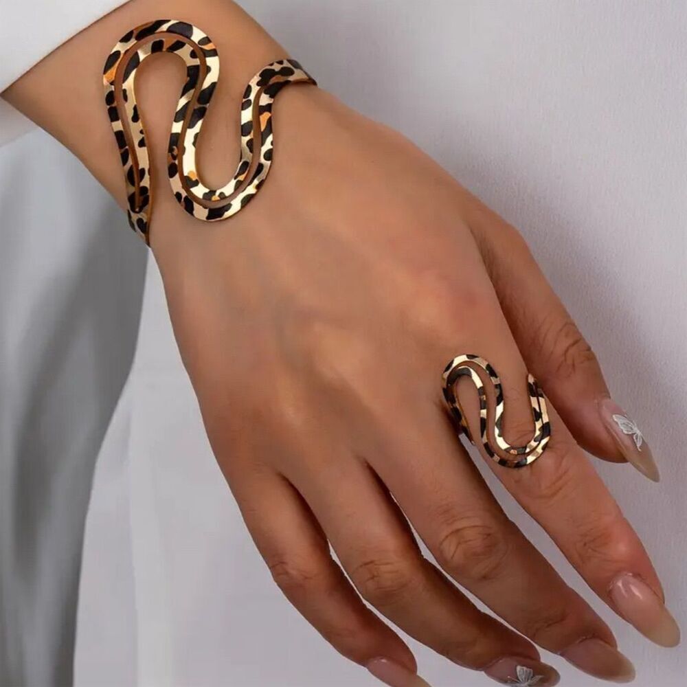 Leopard Boho Chic Bracelet & Ring Set Brown Adjustable Trendy Animal Print